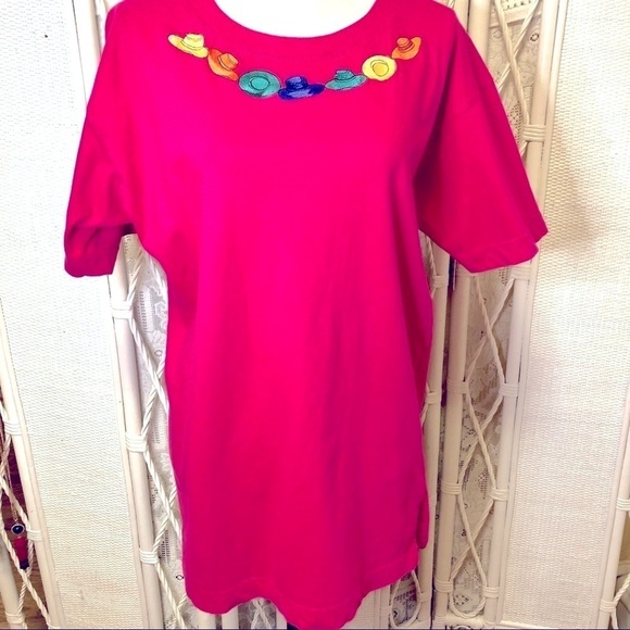 Vintage 1990s Tee Pink Embroidered Hats Evan Picone Short Sleeve size Large - Picture 5 of 15